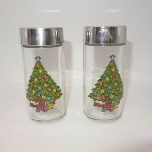 Vintage Salt and Pepper Shakers Holiday Clear Glass with Christmas Tree